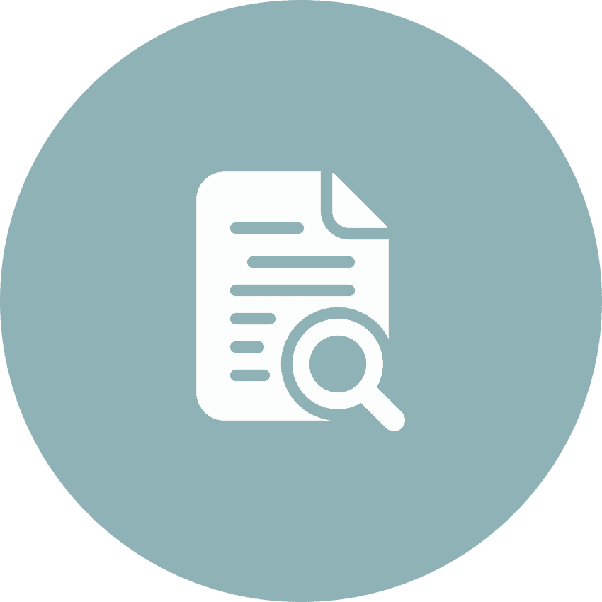 Icon of a document with a magnifying glass on a blue-green circle background.