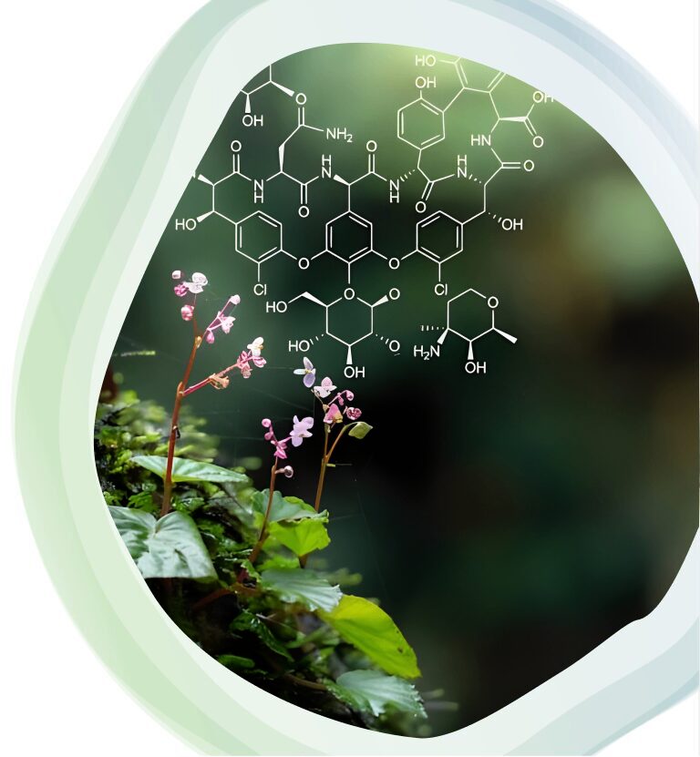 Delicate pink flowers with a hexagonal molecular pattern overlay in a soft green setting.