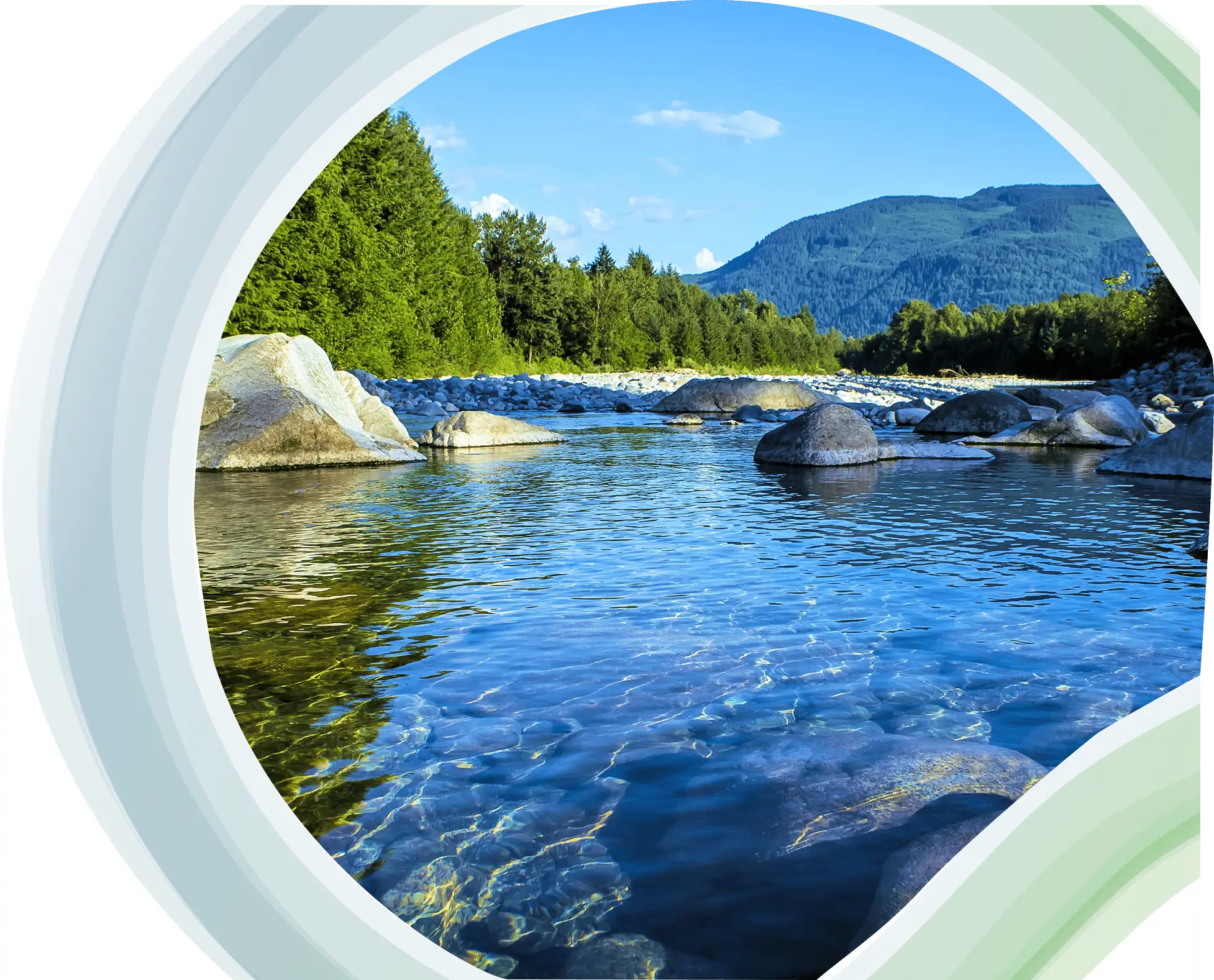 A clear river with rocks and trees under a blue sky in a circular frame.